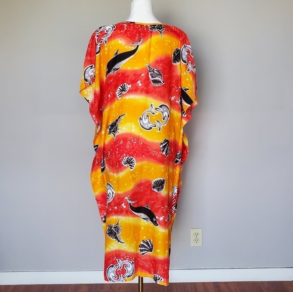 Easy Living Kaftan Womens XL Sea Life Print Longline Orange Pull-On Coverup XL - Picture 2 of 6